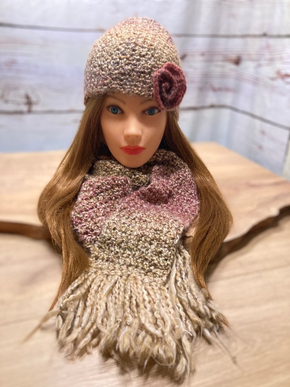 Handmade Crochet Beanie Scarf Set Earthy Brown Pink Ombre Knit Flower - Picture 2 of 2